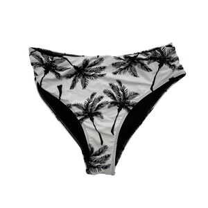 Palm Tree Print High Waisted Bikini Bottoms White Black Plus Size 3XL